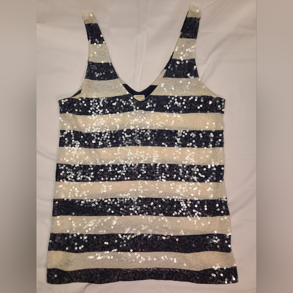 JCrew sparkle strip party tank top v neck navy/white